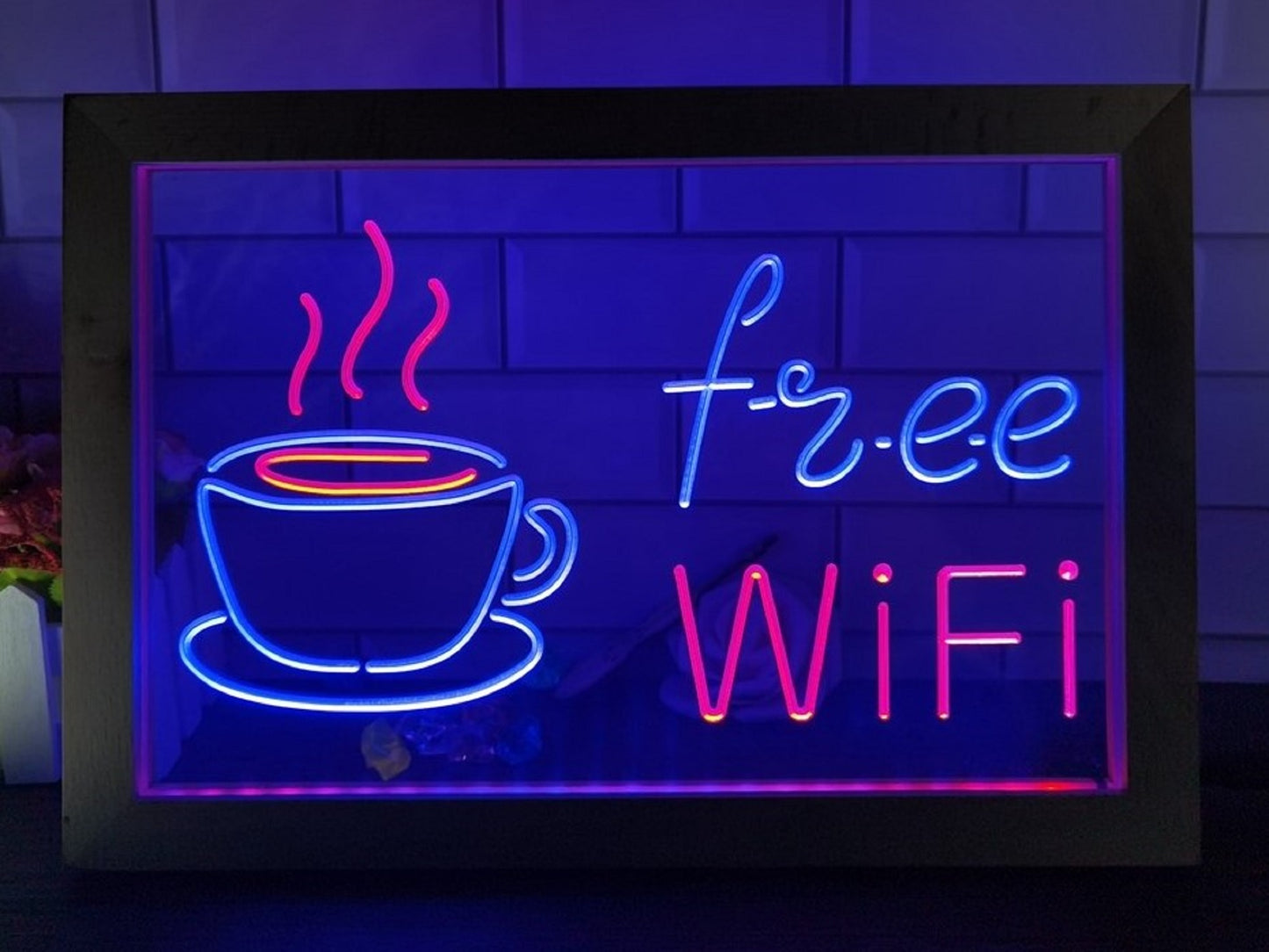 Neon Sign Framed Dual Color Free Wi-Fi Coffee Shop For Wall Desktop Coffee Shop Decor