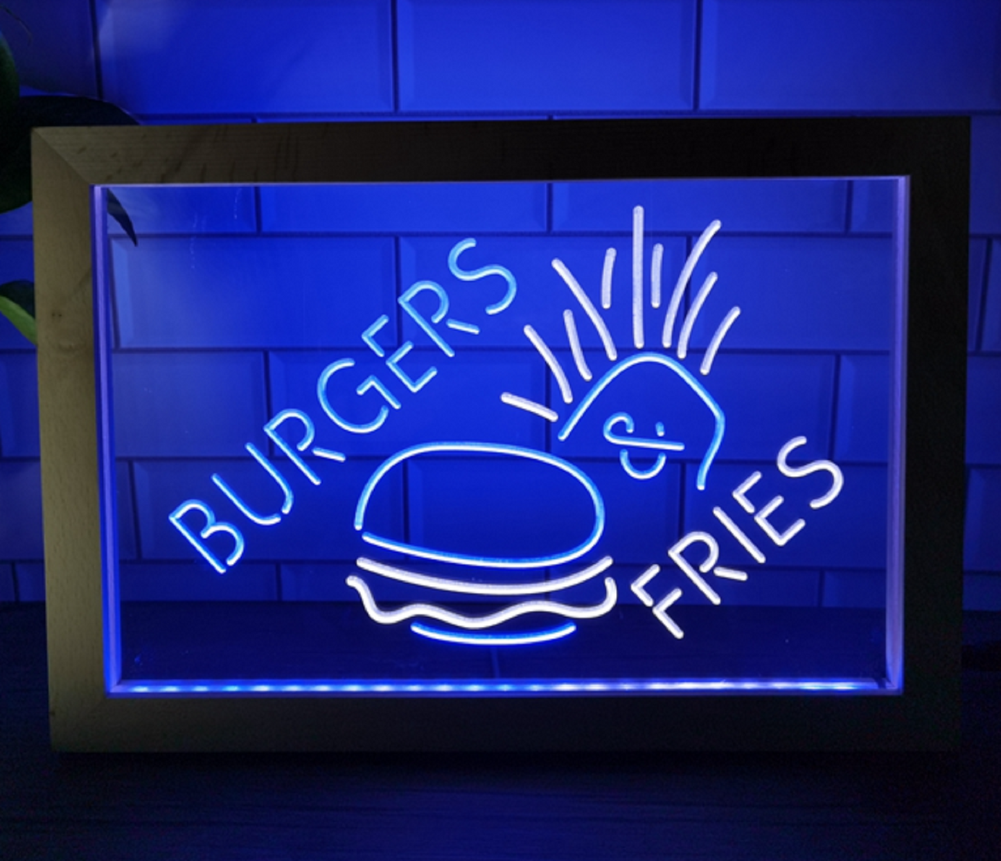 Neon Sign Framed Dual Color Burgers & Fries Restaurant Decor Free Shipping
