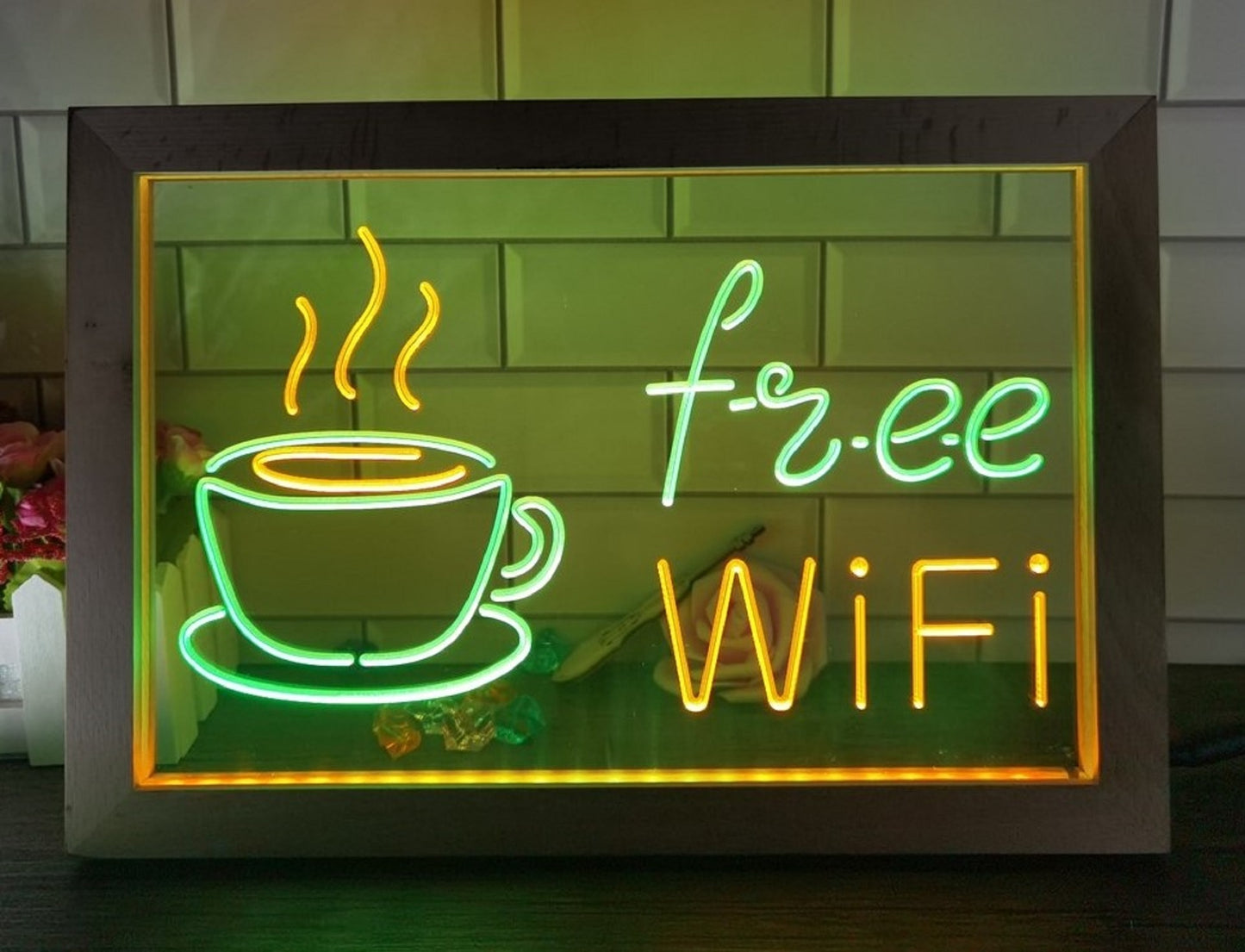 Neon Sign Framed Dual Color Free Wi-Fi Coffee Shop For Wall Desktop Coffee Shop Decor