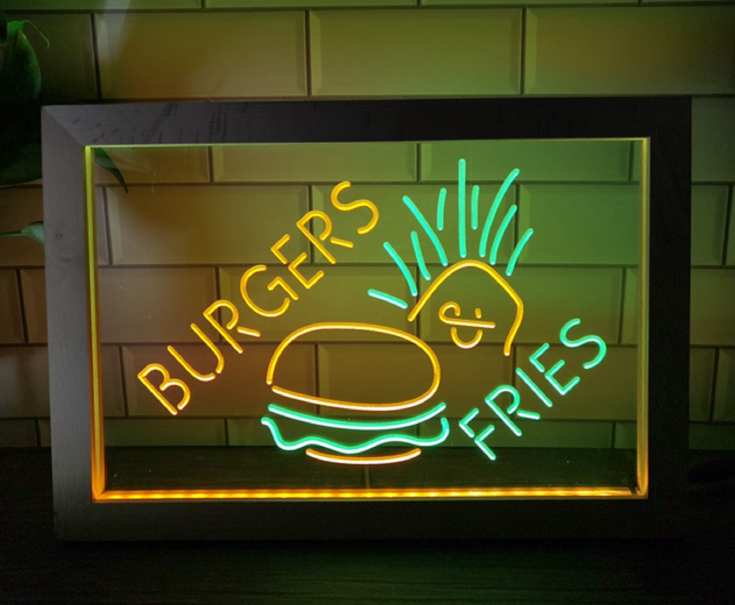 Neon Sign Framed Dual Color Burgers & Fries Restaurant Decor Free Shipping