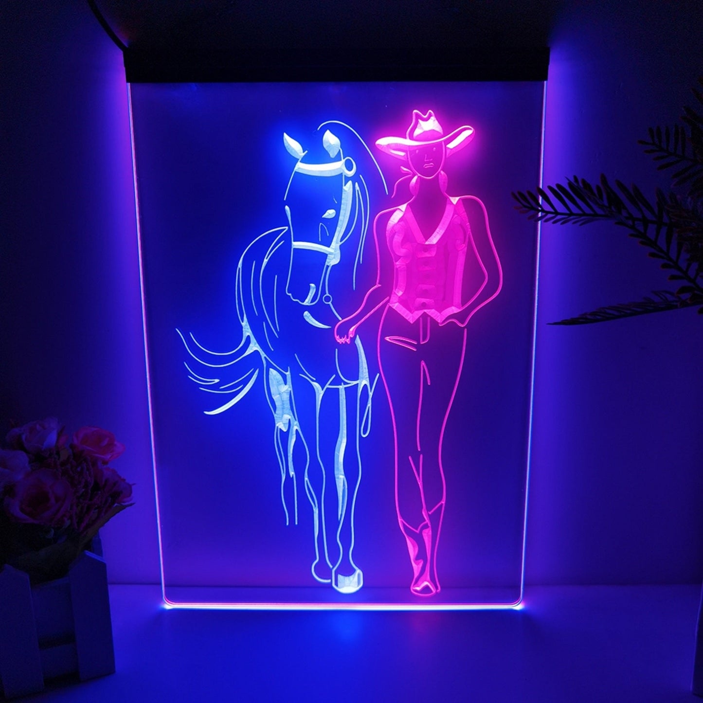 Neon Sign Dual Color Western Cowgirls Horse Wall Hanging Table Top Home Decor