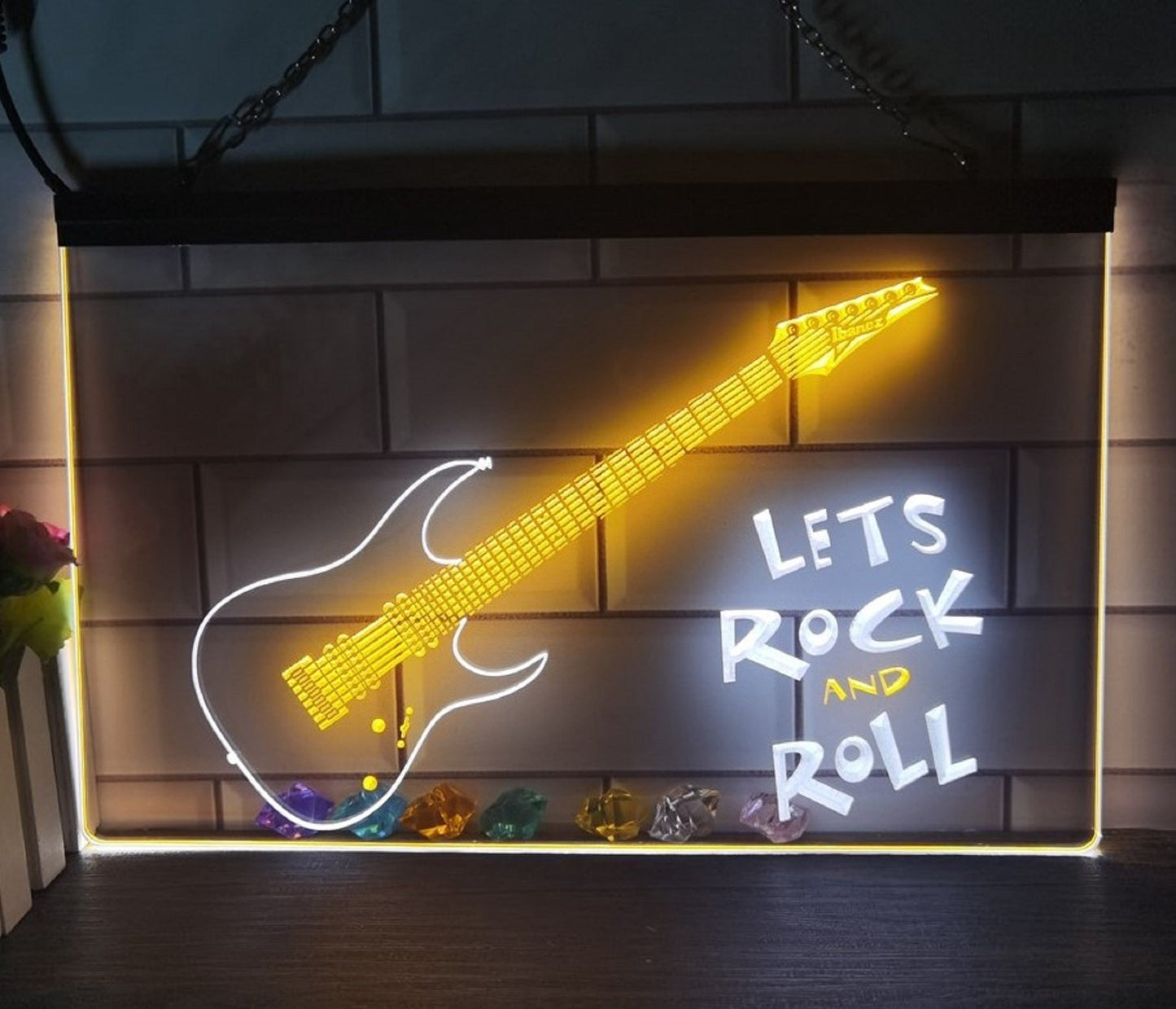 Neon Sign Dual Color Guitar Let's Rock And Roll Home Studio Wall Desktop Decor
