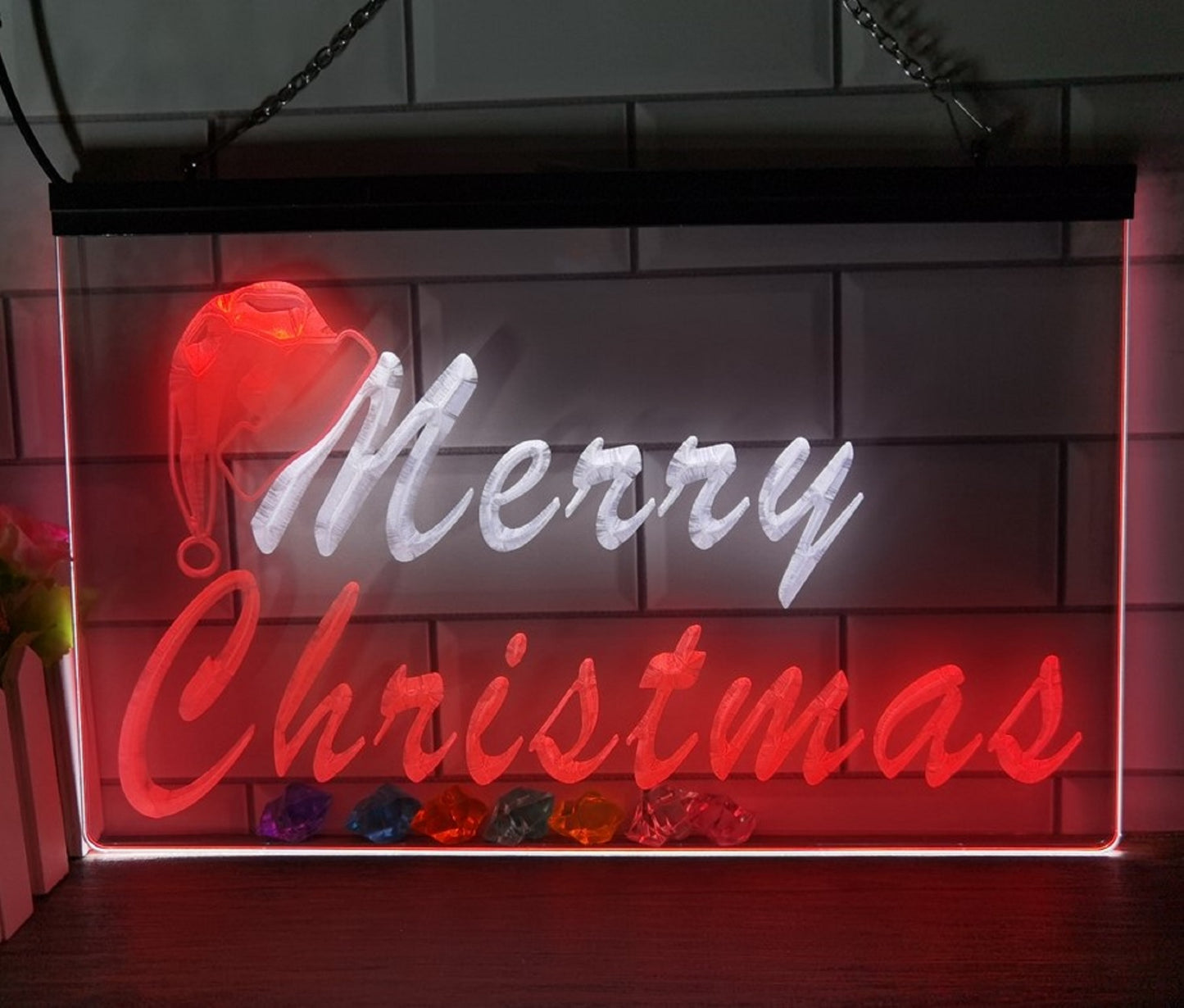 Neon Sign Dual Color Merry Christmas Home Store Wall Hanging Desk Top Decor