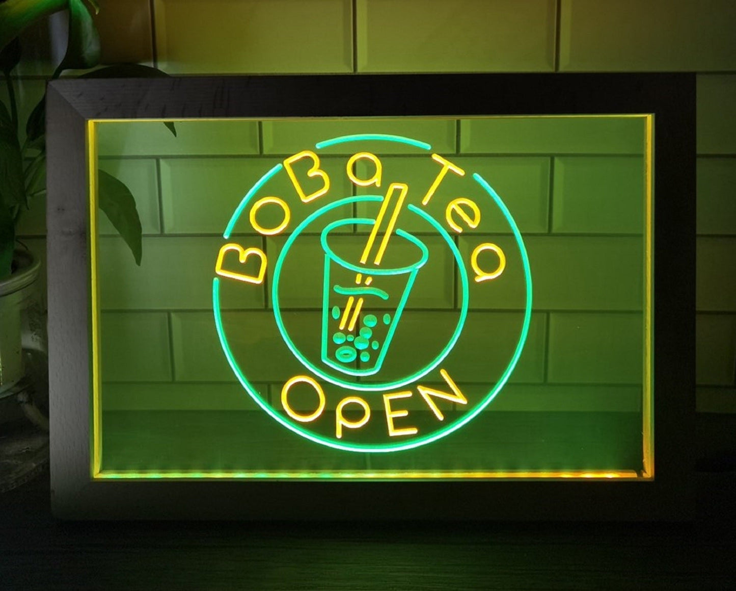 Neon Sign Framed Dual Color Boba Tea Open For Boba Tea Fast Food Coffee Shop Decor
