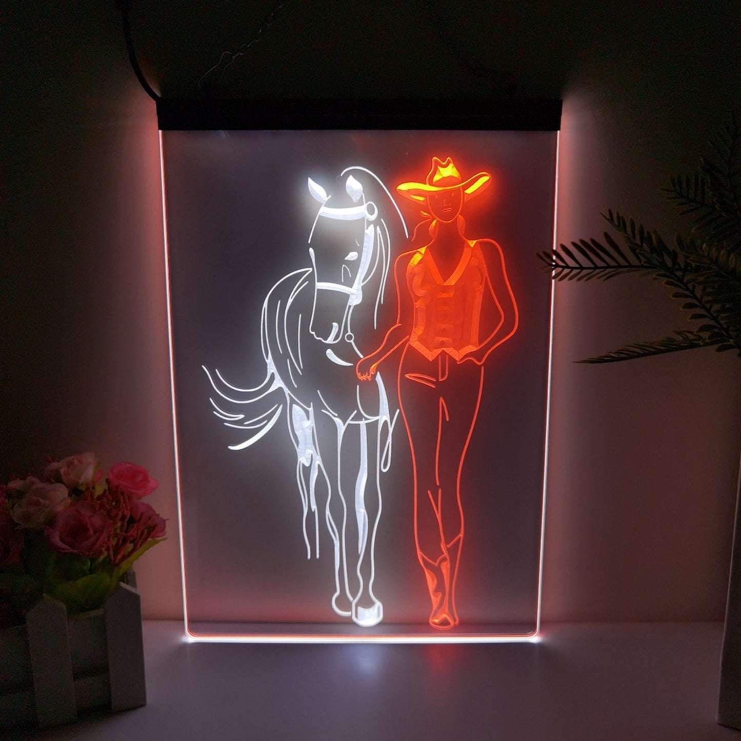Neon Sign Dual Color Western Cowgirls Horse Wall Hanging Table Top Home Decor