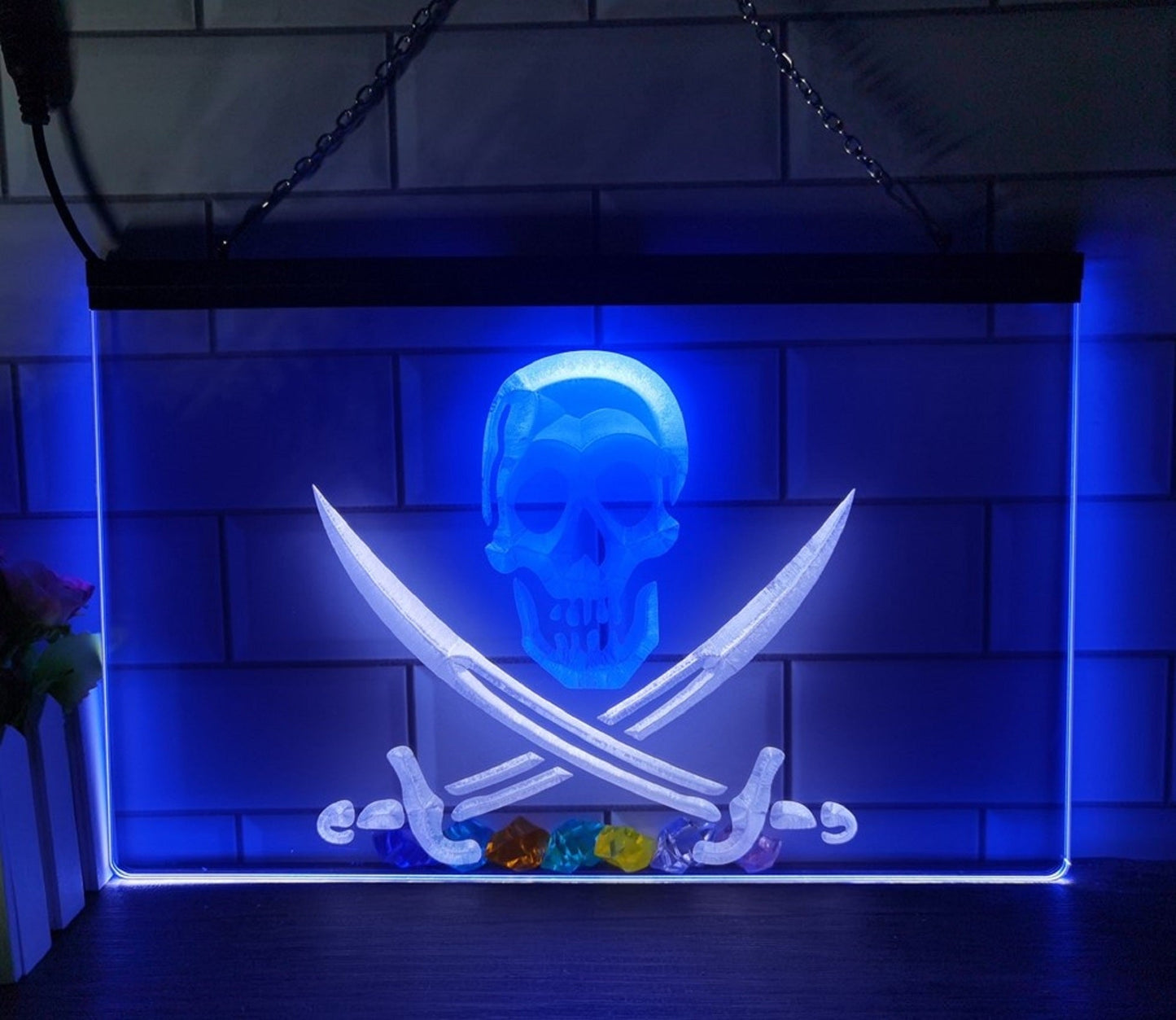 Neon Sign Dual Color Pirates Skull Wall Hanging Desk Table Top Decor