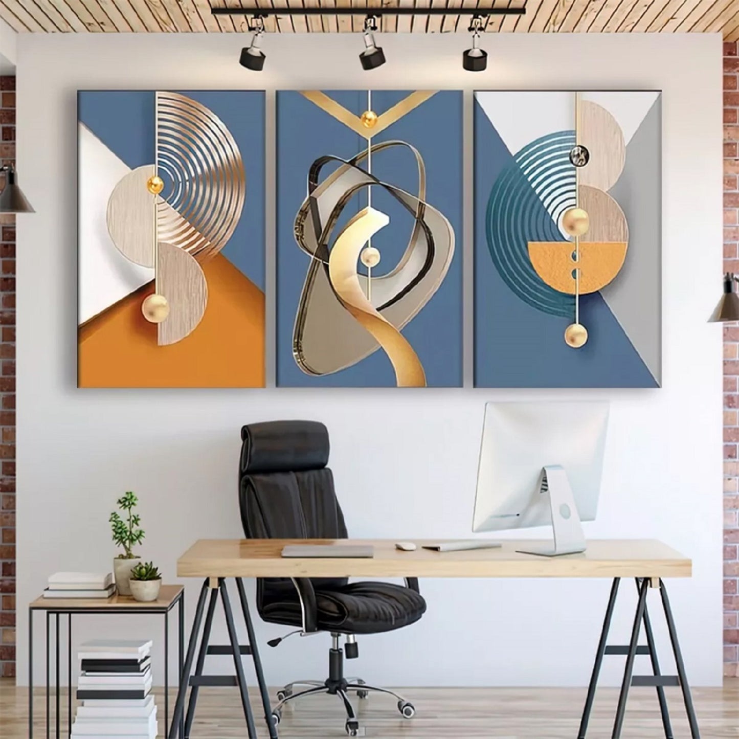 Canvas Print Art Abstract Blue Golden Geometric Wall Art Hanging NO FRAME