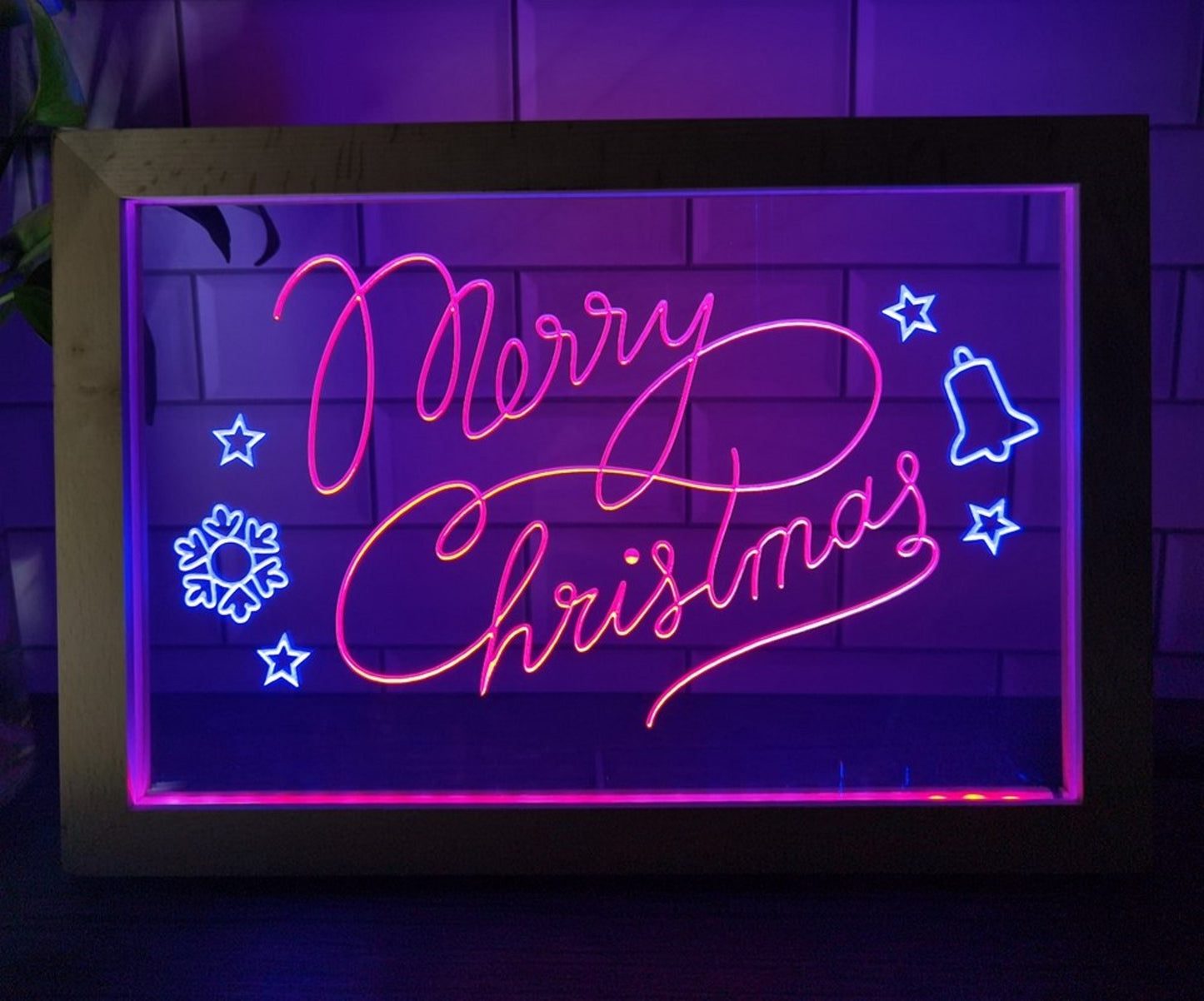 Neon Sign Framed Dual Color Merry Christmas Stars Home Store Wall Hanging Desk Top Decor