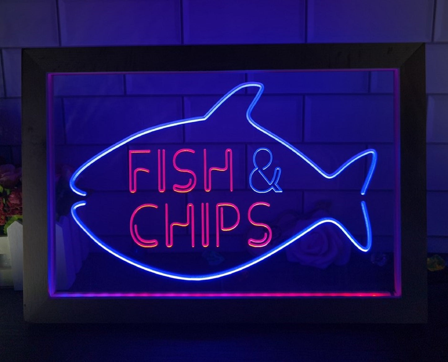 Neon Sign Framed Dual Color Fish & Chips Restaurant Wall Hanging Desk Top Decor