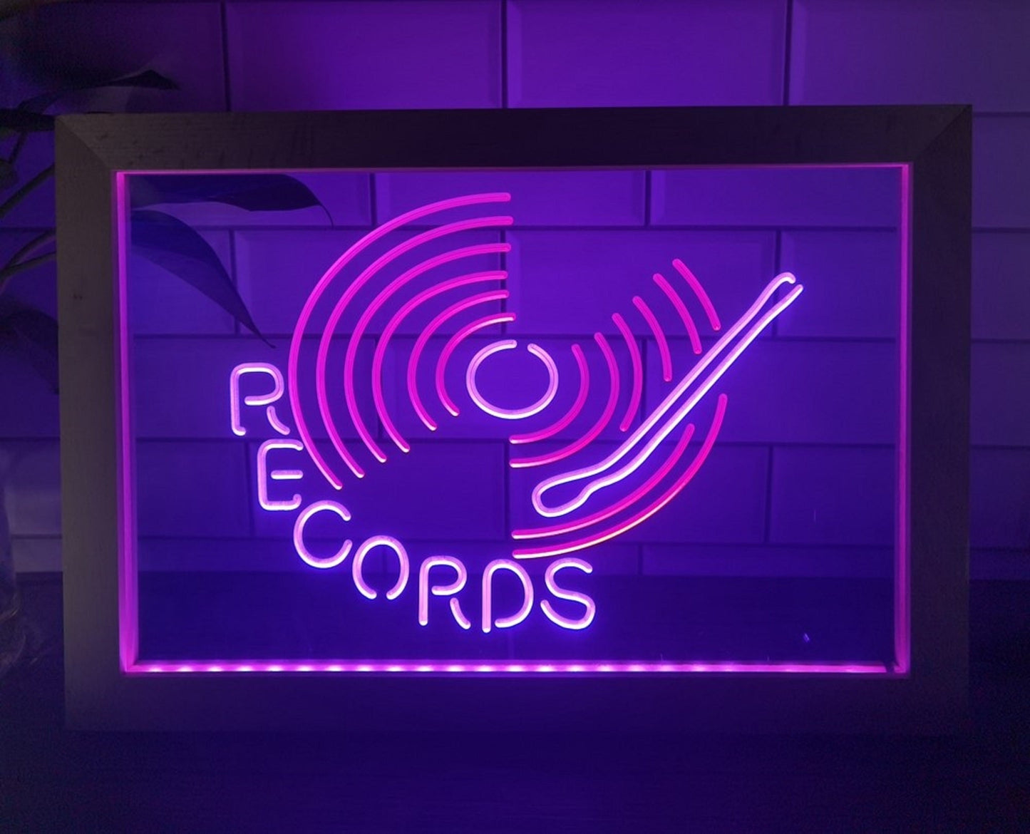 Neon Sign Framed Dual Color Records Turntable DJ Home Studio Wall Desktop Decor