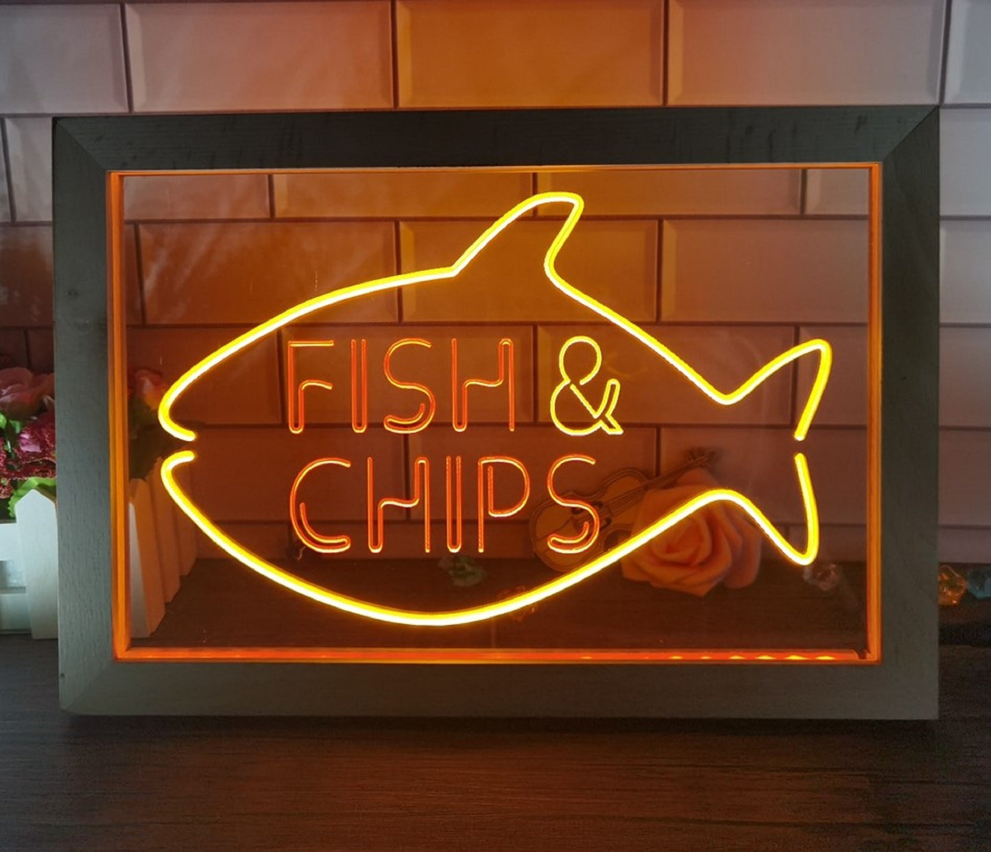 Neon Sign Framed Dual Color Fish & Chips Restaurant Wall Hanging Desk Top Decor