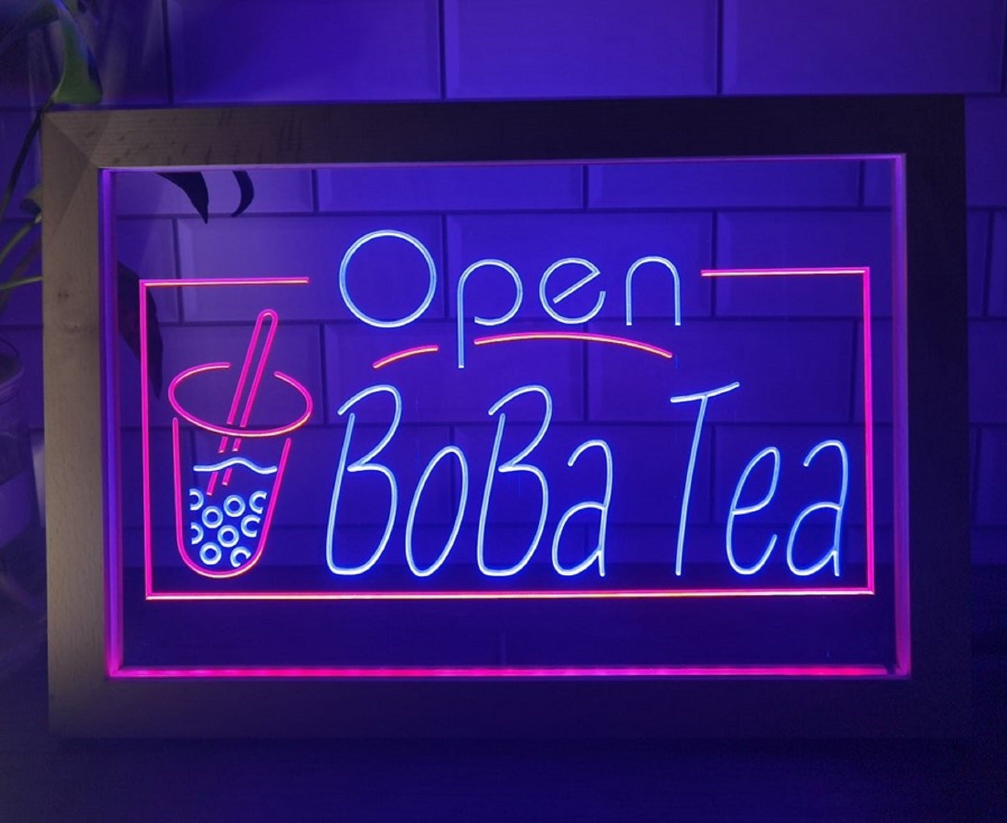 Neon Sign Framed Dual Color Open Boba Tea For Boba Tea Fast Food Coffee Shop Decor