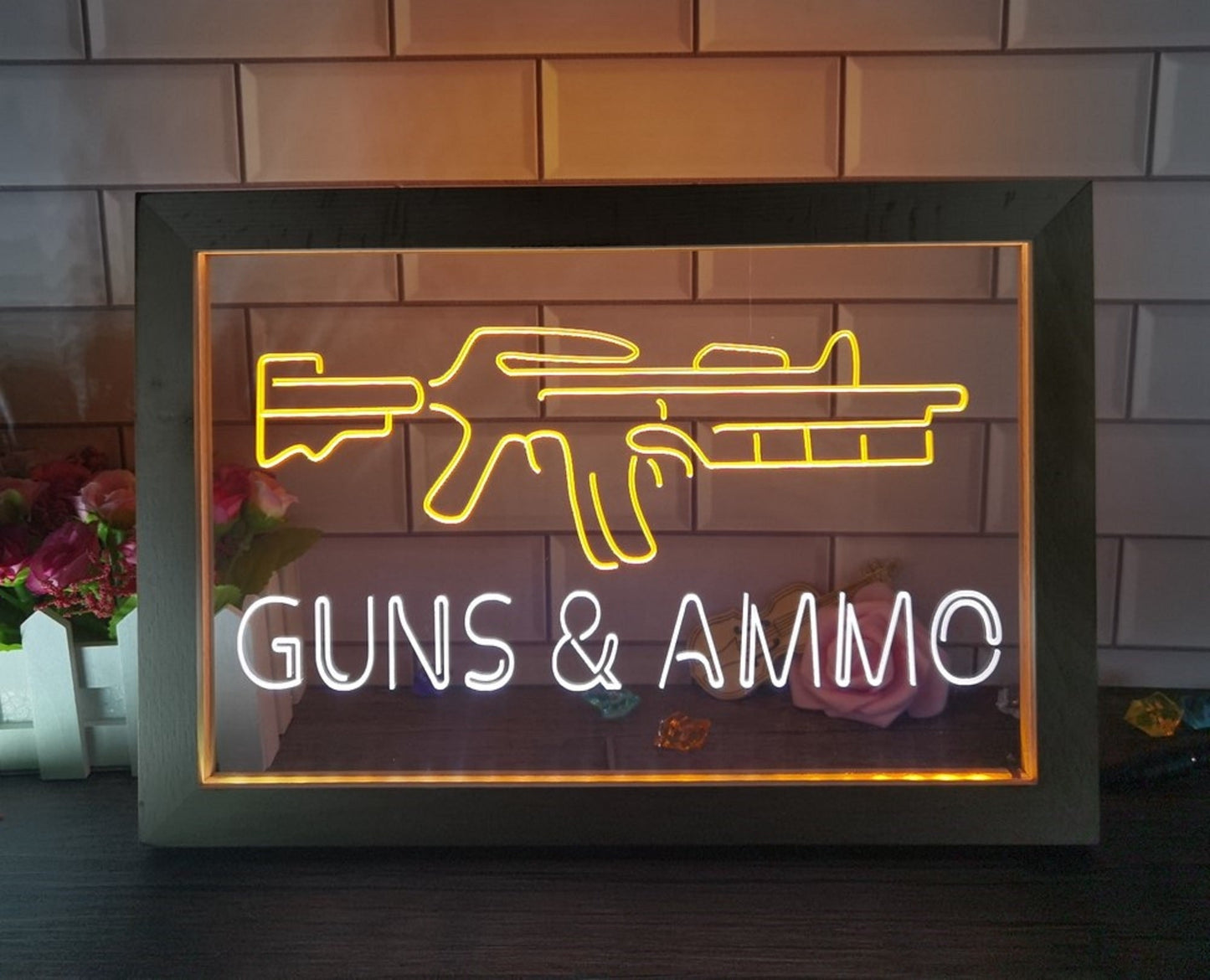 Neon Sign Framed Dual Color Guns & Ammo Wall Desktop Decor Free Shipping