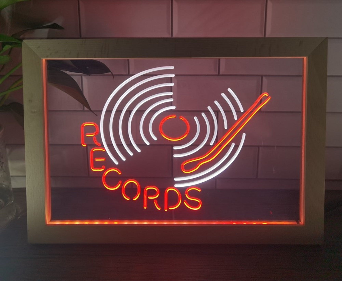 Neon Sign Framed Dual Color Records Turntable DJ Home Studio Wall Desktop Decor