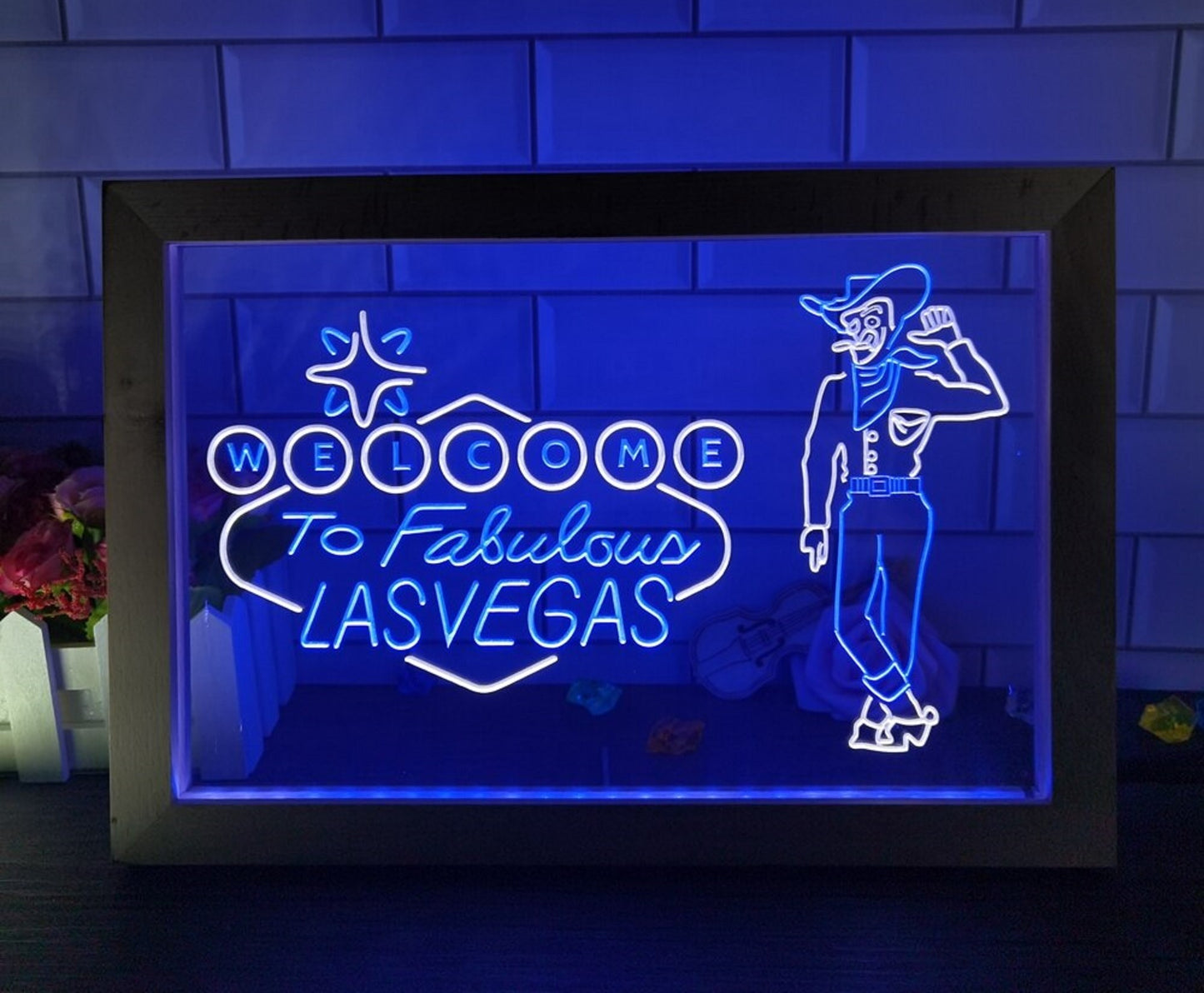 Neon Sign Framed Dual Color Cowboy Welcome To Las Vegas Wall Hanging Table Top Decor