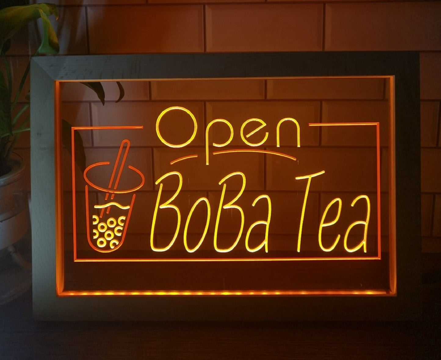 Neon Sign Framed Dual Color Open Boba Tea For Boba Tea Fast Food Coffee Shop Decor