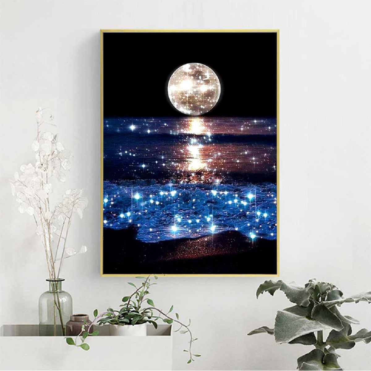 DIY Diamond Painting Landscape The Sea At Night With Full Moon Diamond Painting Kit Wall Art sm1