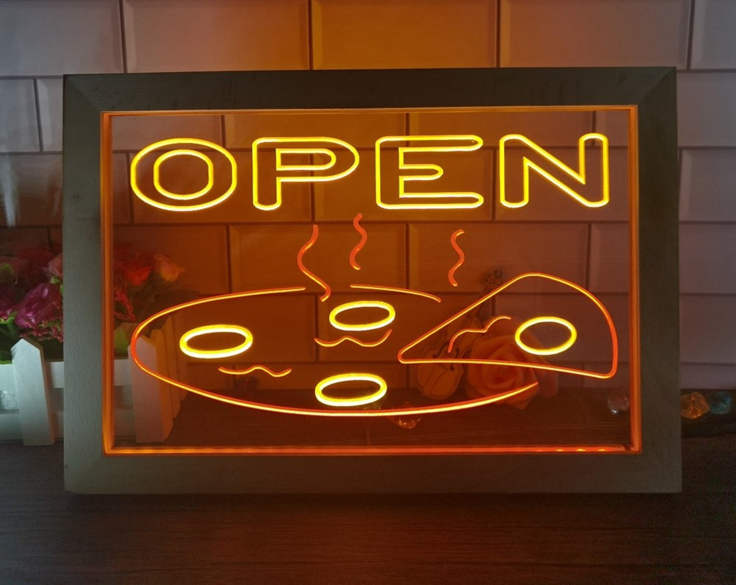 Neon Sign Framed Dual Color Open Pizza Wall Decor Fast Food Pizza Restaurant Decor