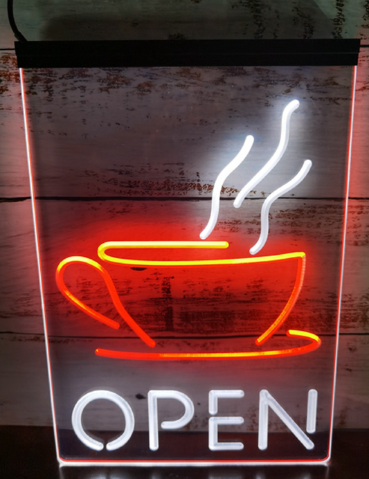 Neon Sign Dual Color Open Coffee Cup For Wall Desktop Coffee Shop Decor