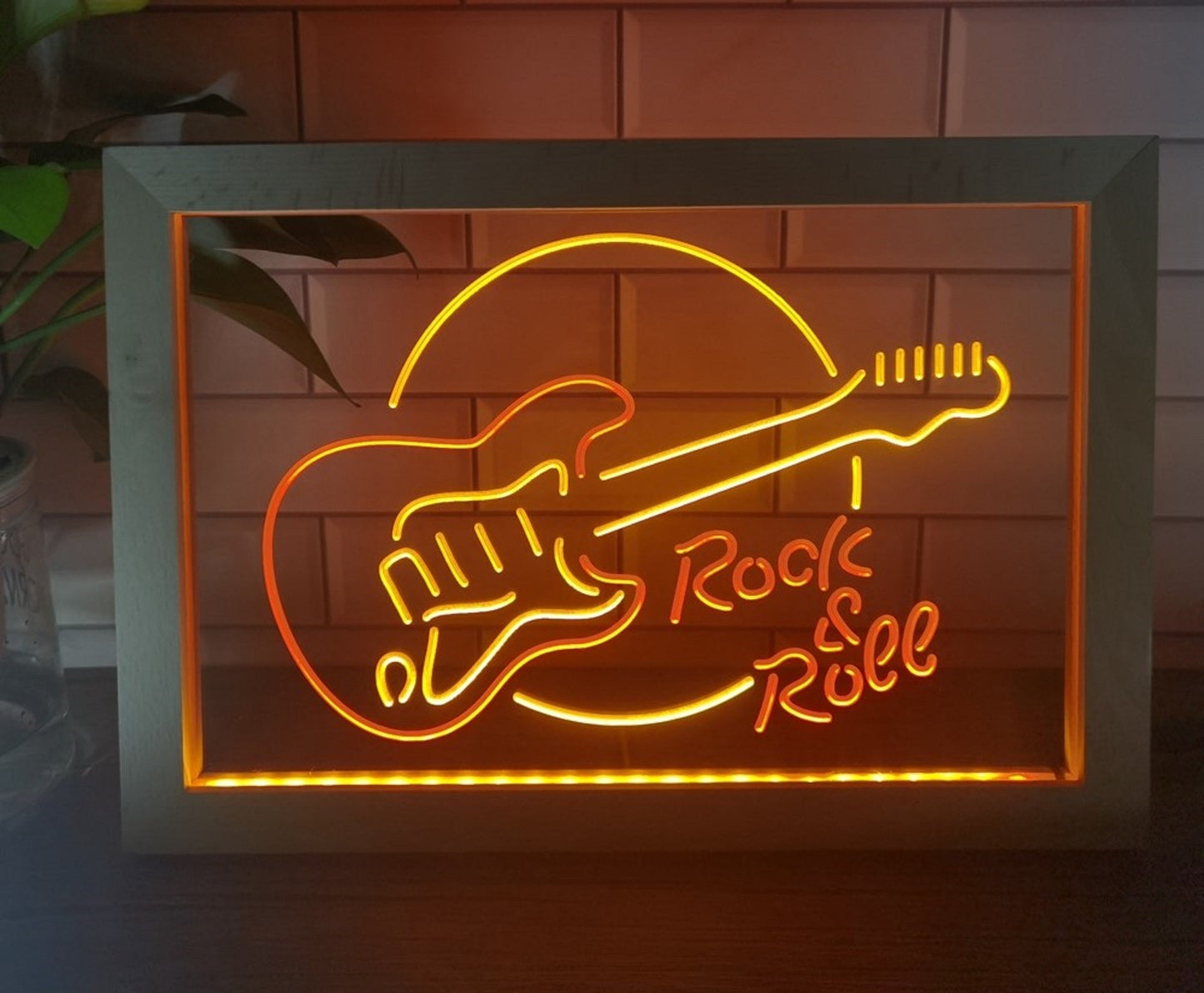 Neon Sign Framed Dual Color Rock & Roll Guitar Home Studio Wall Desktop Decor