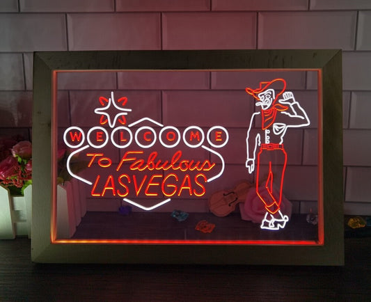 Neon Sign Framed Dual Color Cowboy Welcome To Las Vegas Wall Hanging Table Top Decor