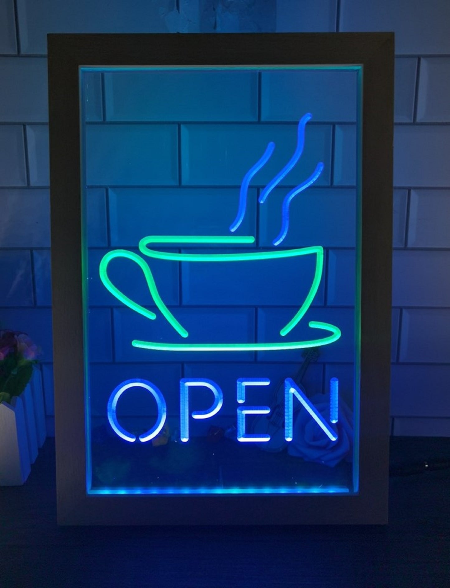 Neon Sign Framed Dual Color Open Coffee Cup For Wall Desktop Coffee Shop Decor