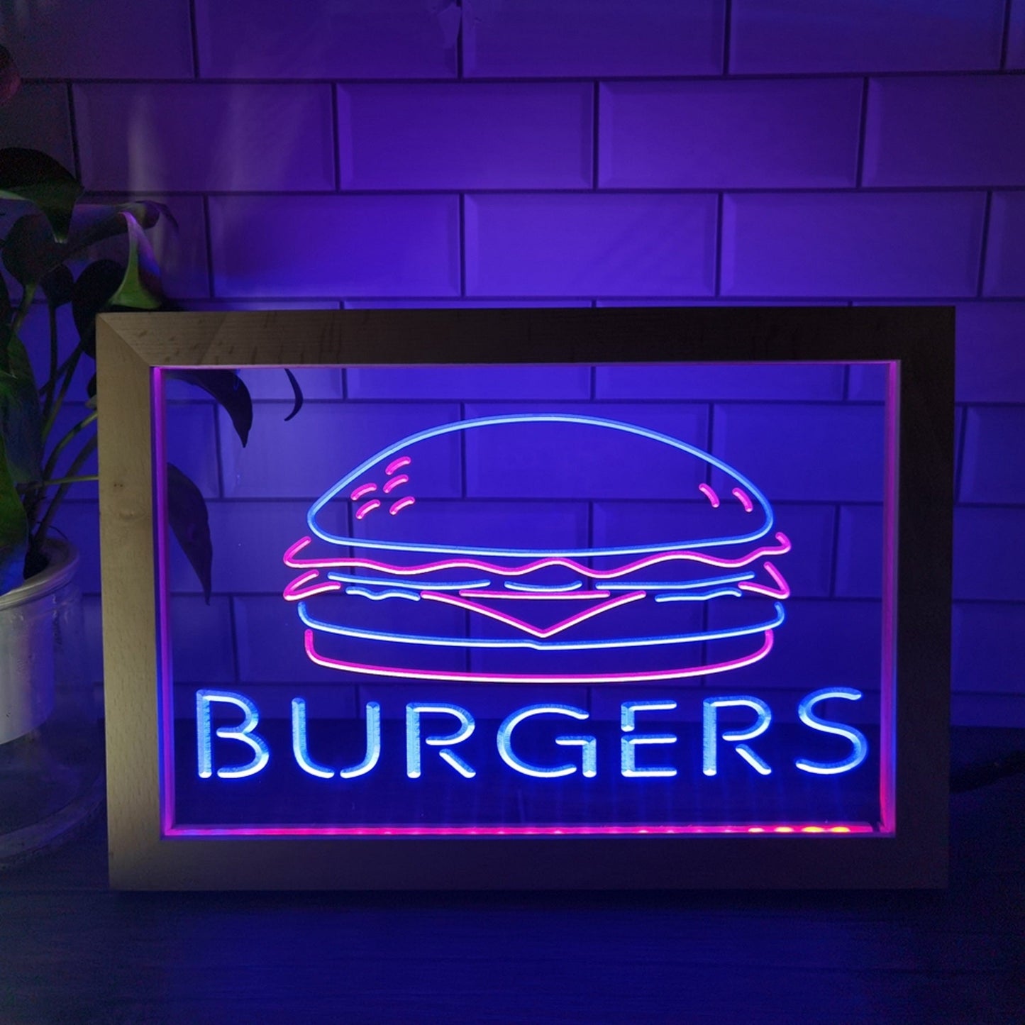 Neon Sign Framed Dual Color Burgers Restaurant Decor Free Shipping