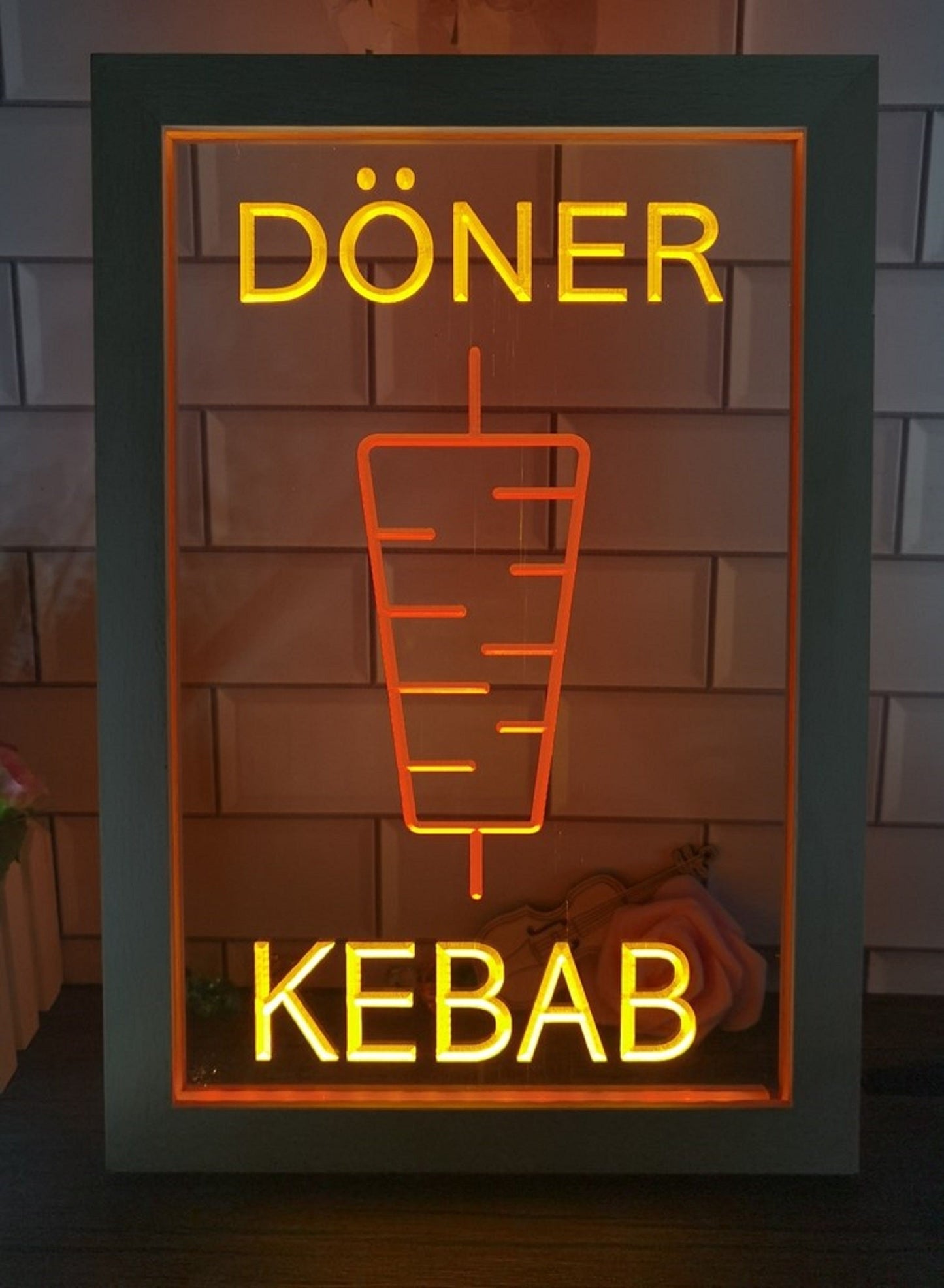 Neon Sign Framed Dual Color Doner Kebab Restaurant Fast Food Shop Wall Decor