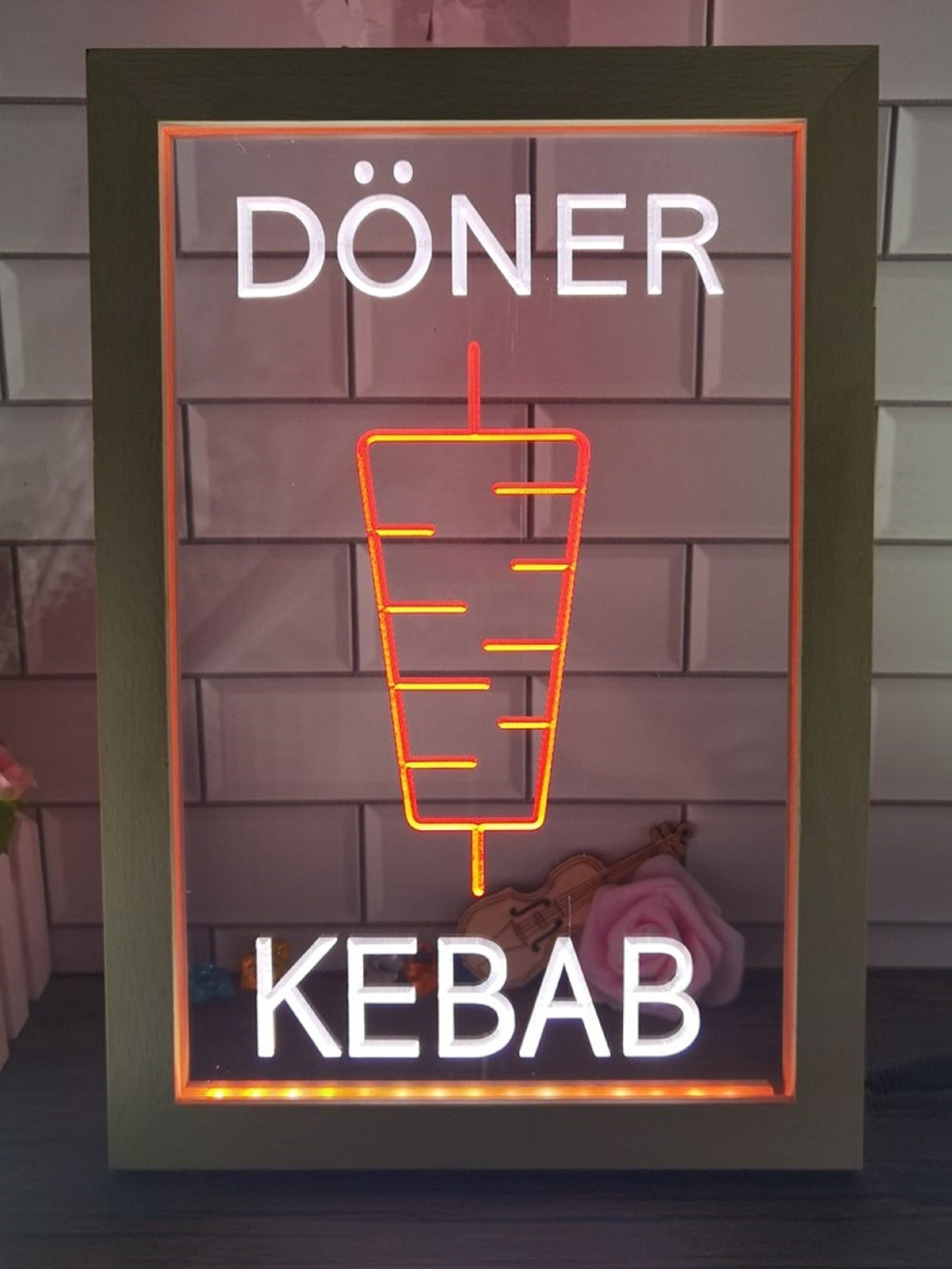 Neon Sign Framed Dual Color Doner Kebab Restaurant Fast Food Shop Wall Decor