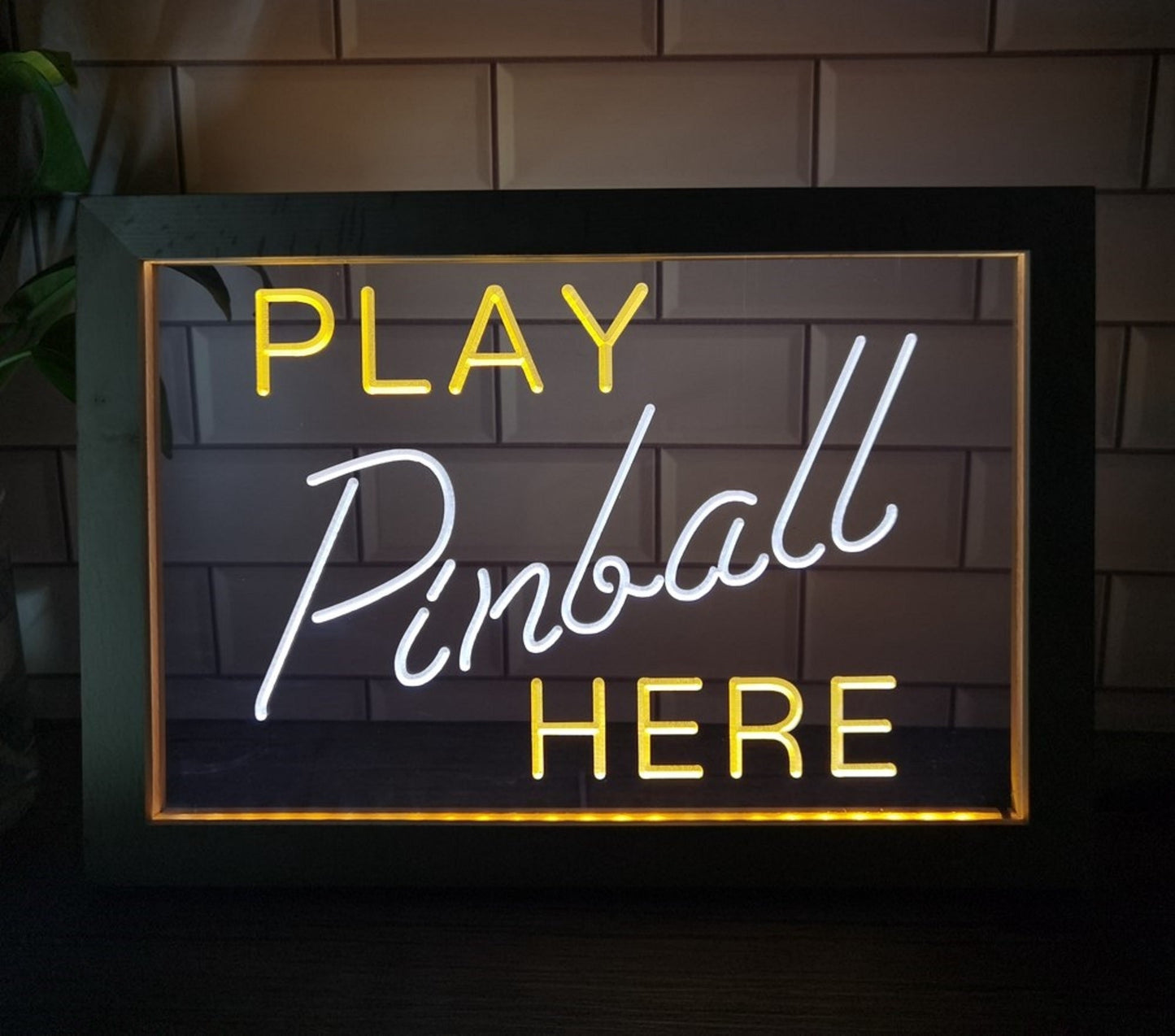 Neon Sign Framed Dual Color Play Pinball Here Video Arcade Game Store Decor