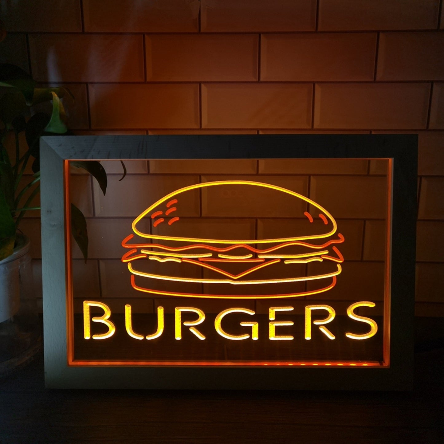 Neon Sign Framed Dual Color Burgers Restaurant Decor Free Shipping