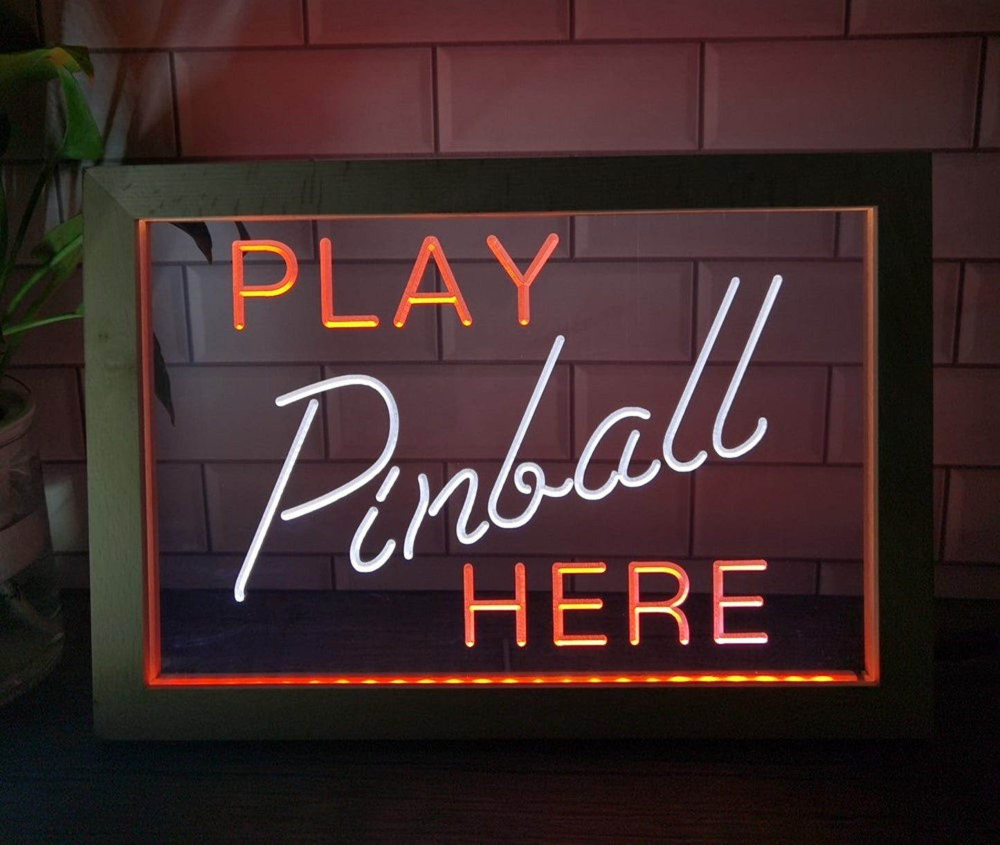 Neon Sign Framed Dual Color Play Pinball Here Video Arcade Game Store Decor