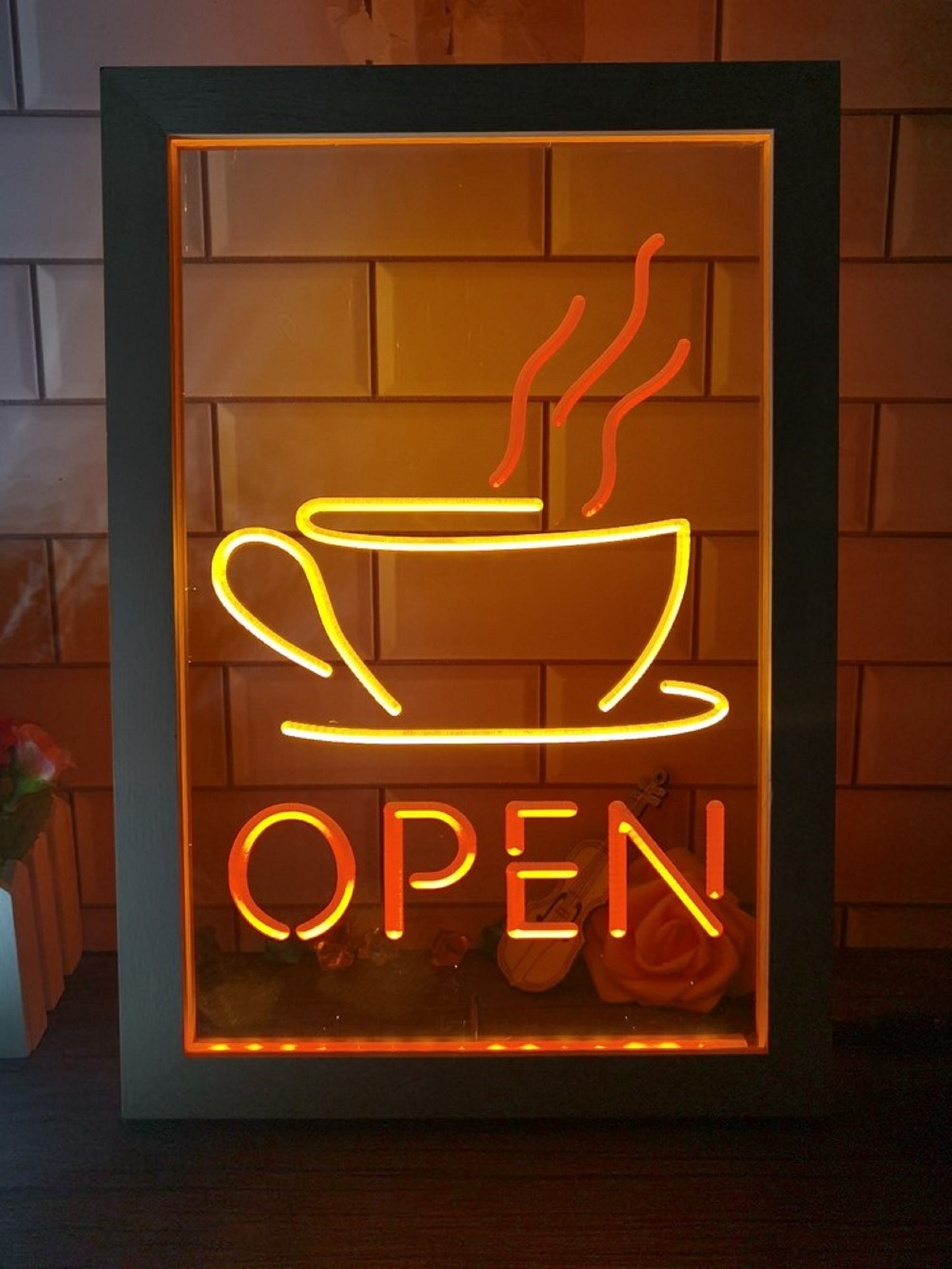 Neon Sign Framed Dual Color Open Coffee Cup For Wall Desktop Coffee Shop Decor