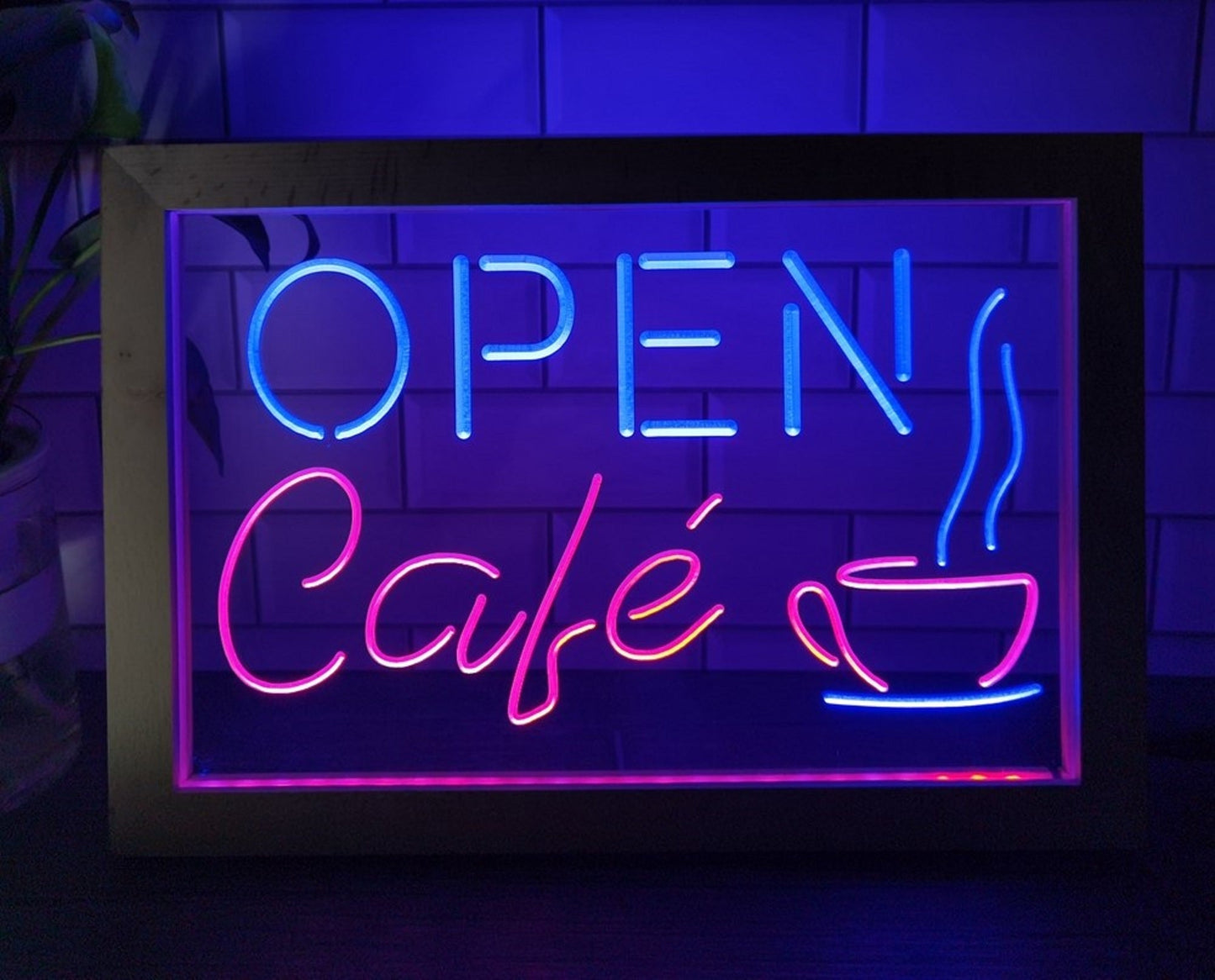 Neon Sign Framed Dual Color Open Café For Coffee Shop Wall Desktop Decor