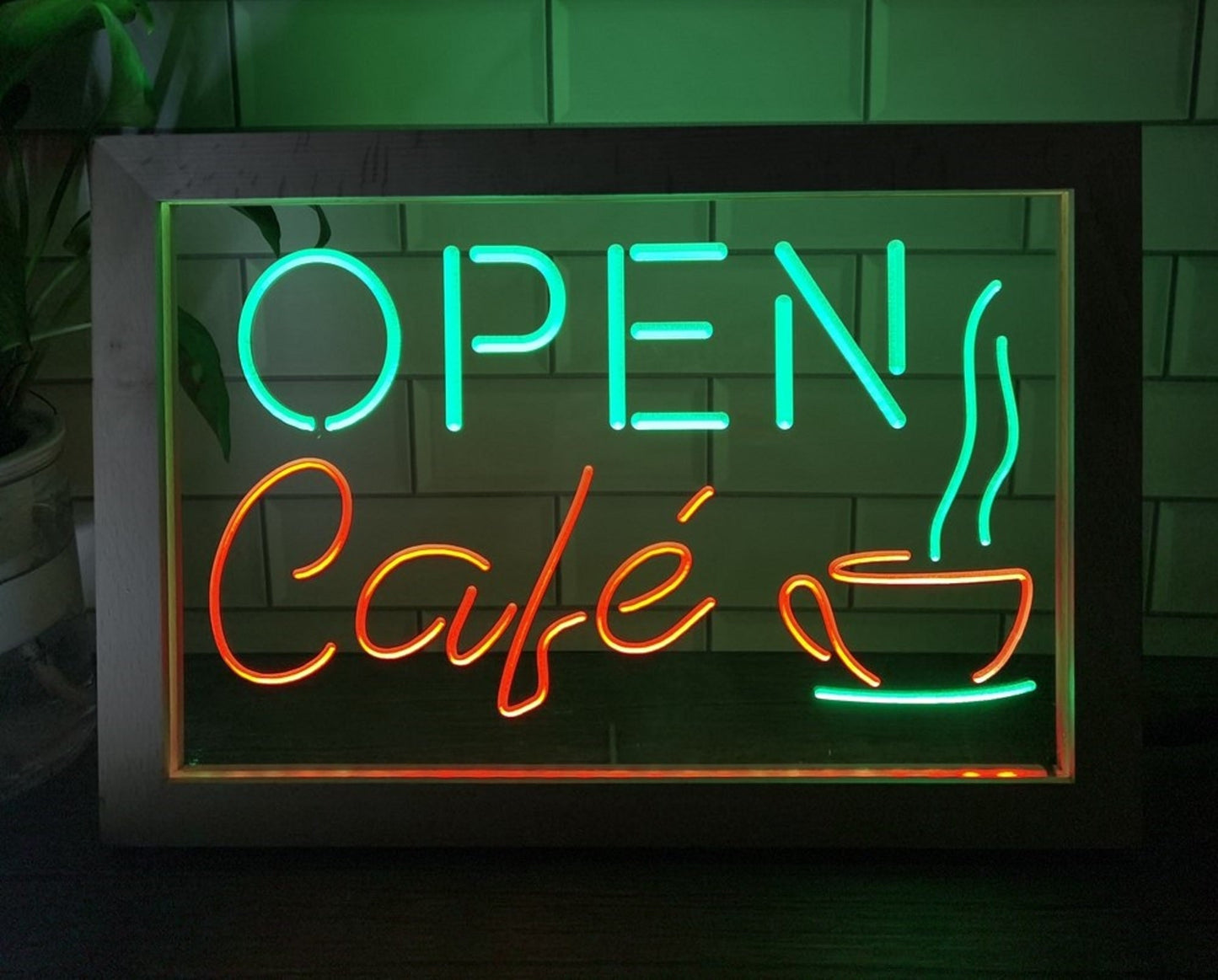 Neon Sign Framed Dual Color Open Café For Coffee Shop Wall Desktop Decor