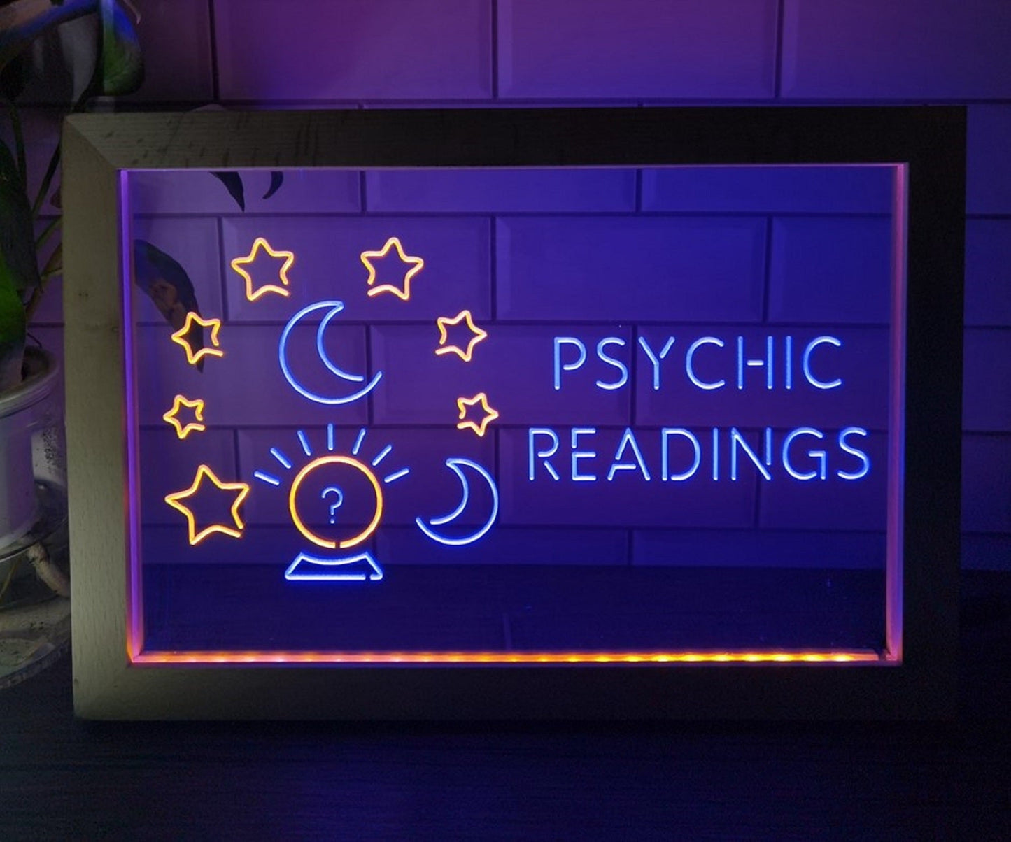 Neon Sign Framed Dual Color Psychic Readings Crystal Ball Wall Desktop Decor